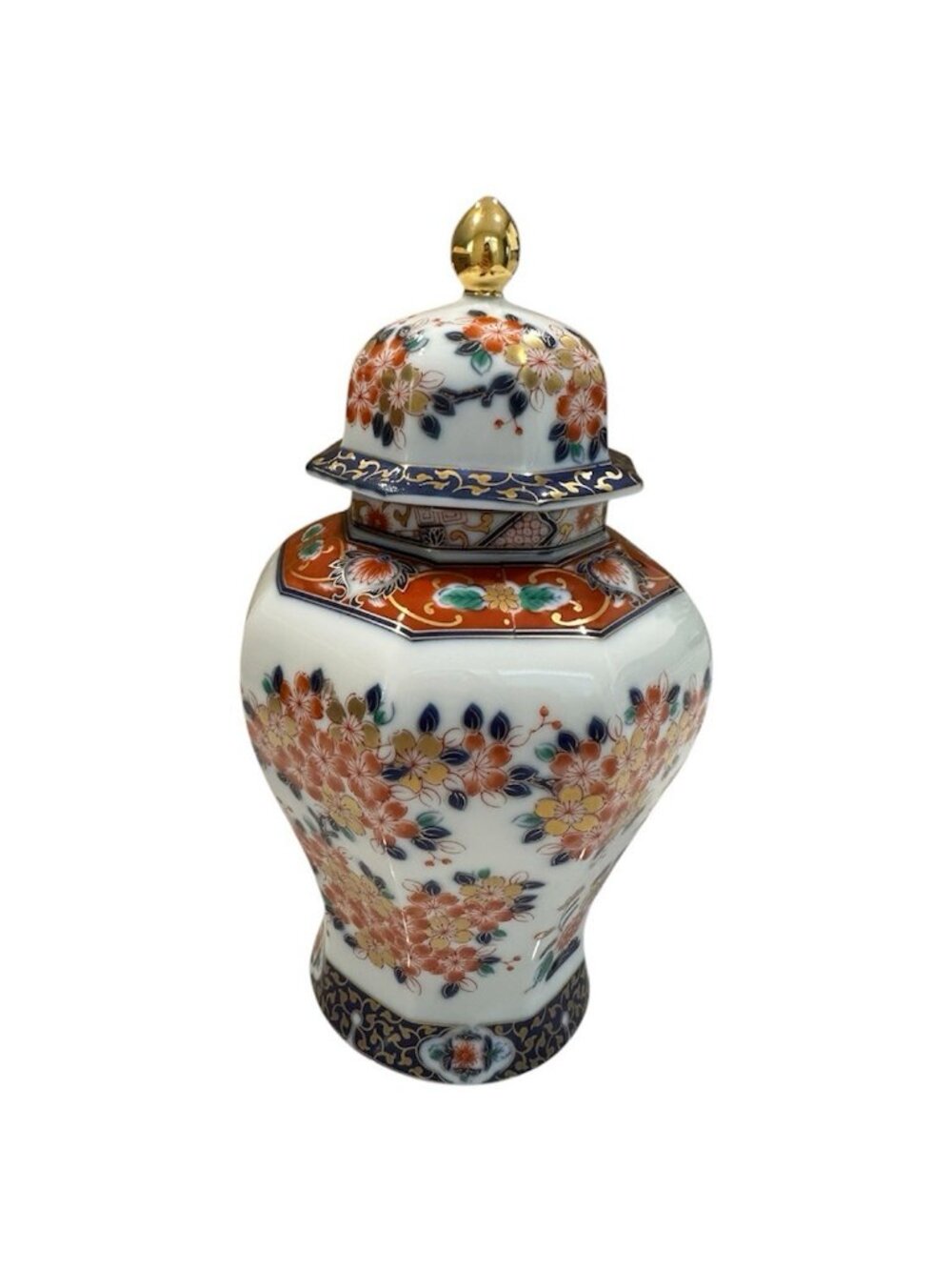 Vintage Japanese Mino Ware Imari Ginger Jar Hexagonal Lidded Urn Gold Finial